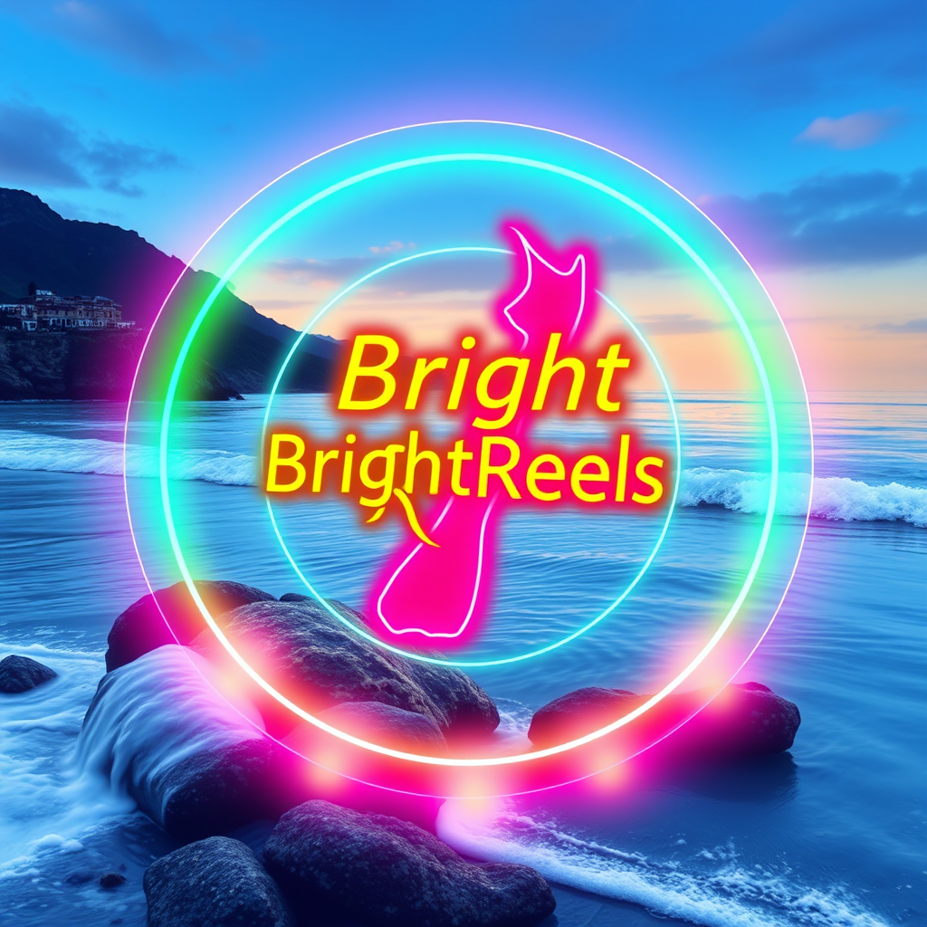 BrightReels logo featuring vibrant neon colors with New Zealand coastal theme and glowing reels design