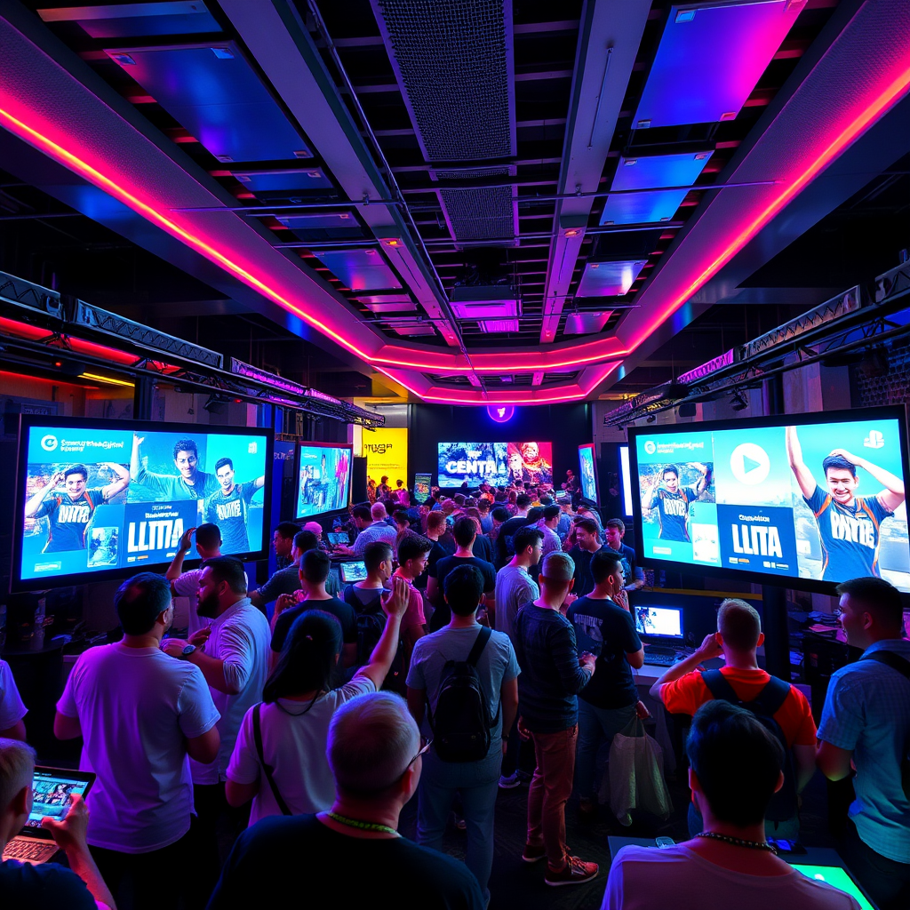 Vibrant gaming community gathering in Auckland with neon-lit screens showing social entertainment platforms, people celebrating and interacting in a modern digital environment with glowing interfaces