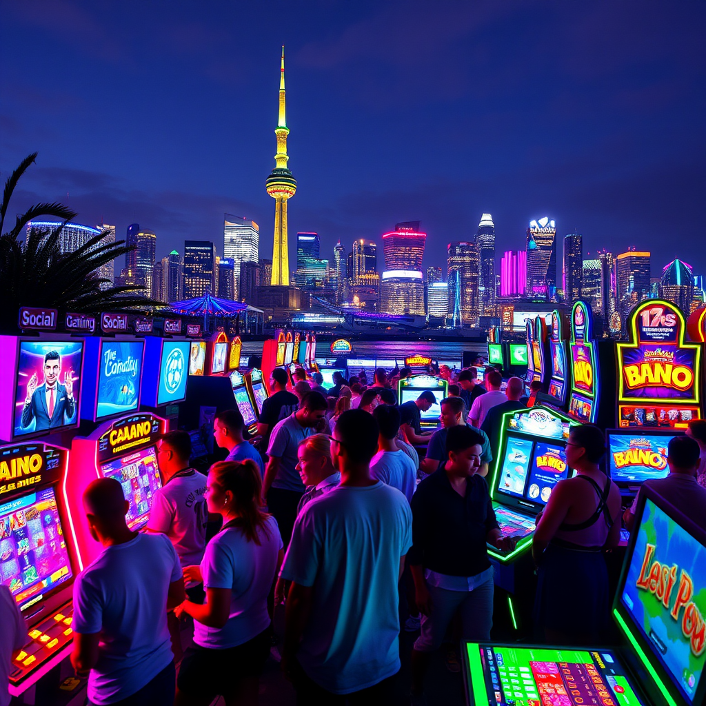 Vibrant neon-lit gaming community gathering in Auckland with people enjoying social casino games on glowing screens, New Zealand skyline in background with colorful digital entertainment displays