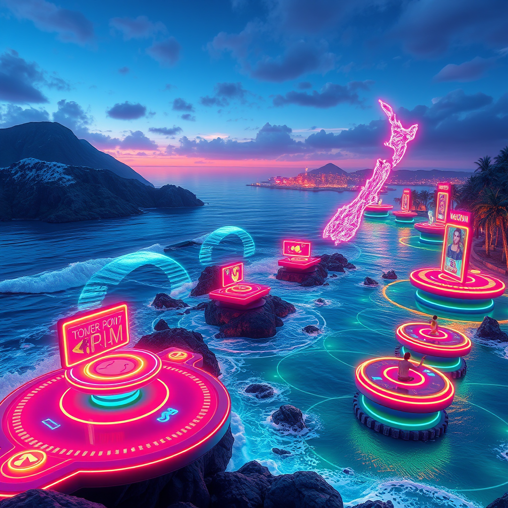 Vibrant neon-lit coastal gaming interface showing New Zealand's stunning coastline with glowing digital elements, ocean waves, and interactive entertainment platforms designed for Kiwi players