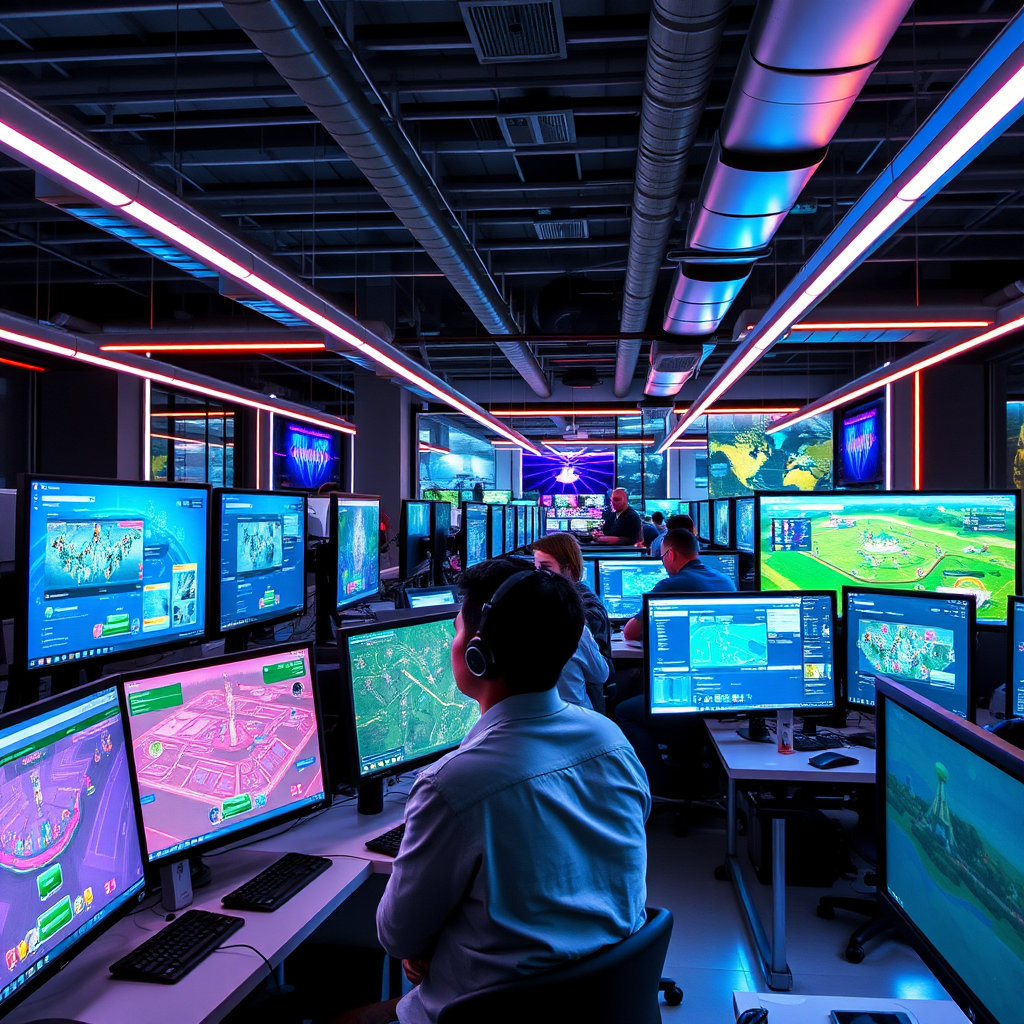 Modern Auckland technology hub with developers working on glowing computer screens displaying colorful social gaming interfaces, neon lighting throughout the workspace