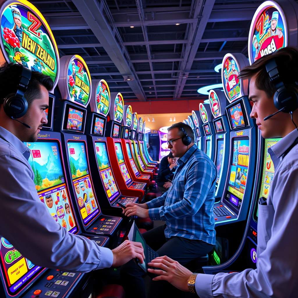 Professional game developers working on colorful reel-based entertainment games with glowing screens showing vibrant New Zealand-themed slot machines and multiplayer gaming interfaces