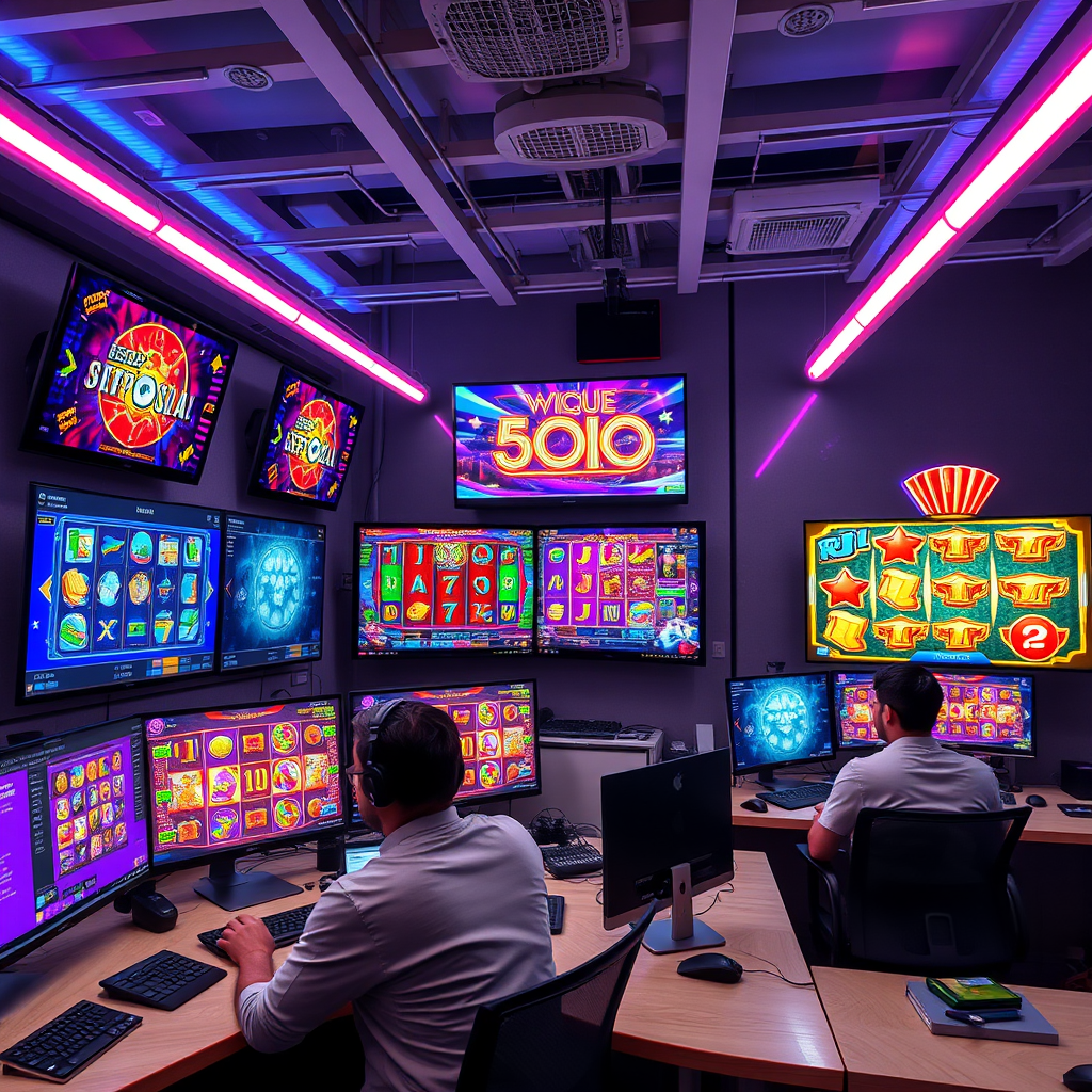 Modern game development studio with multiple monitors showing colorful reel-based games in development, neon lighting, and developers working on social casino entertainment software