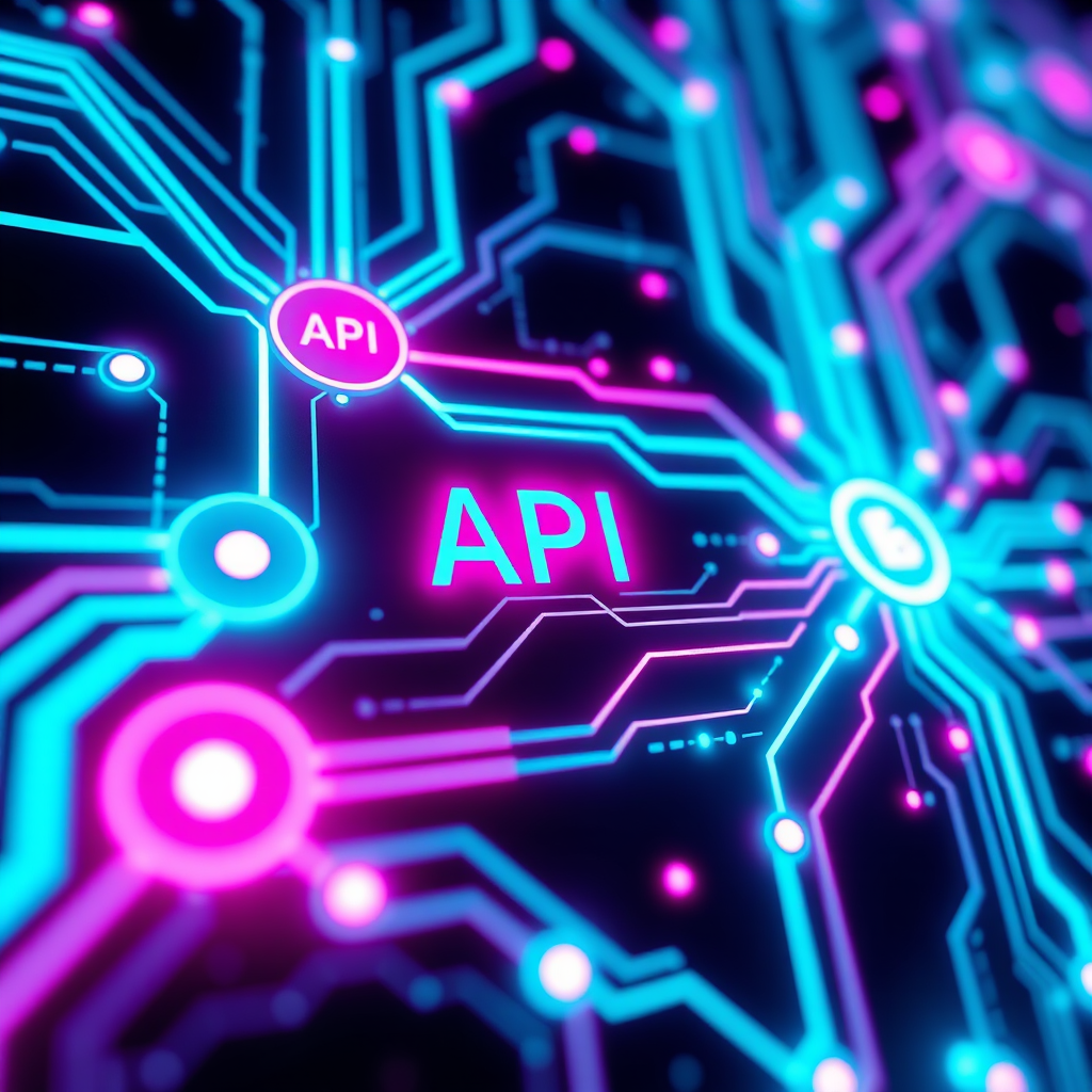 Glowing neon circuit board with API connection nodes and data streams flowing between servers, representing seamless integration of casino platform systems with bright cyan and magenta lighting effects