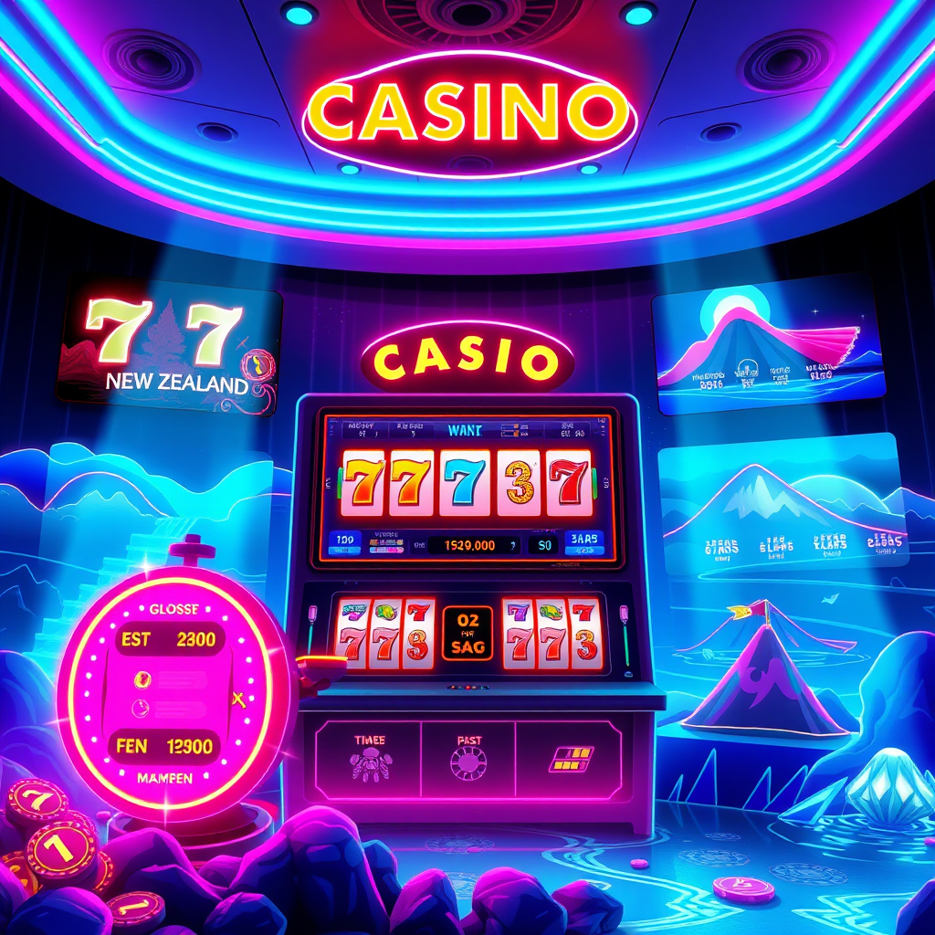 Vibrant neon-lit casino interface design featuring glowing reels, colorful animations, and New Zealand coastal themes with bright cyan and magenta lighting effects