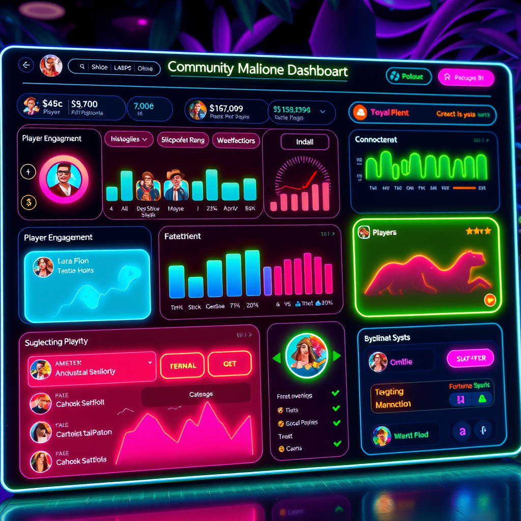 Vibrant neon-lit community management dashboard showing player engagement metrics, chat interactions, and social features for a free social online casino platform with glowing interface elements