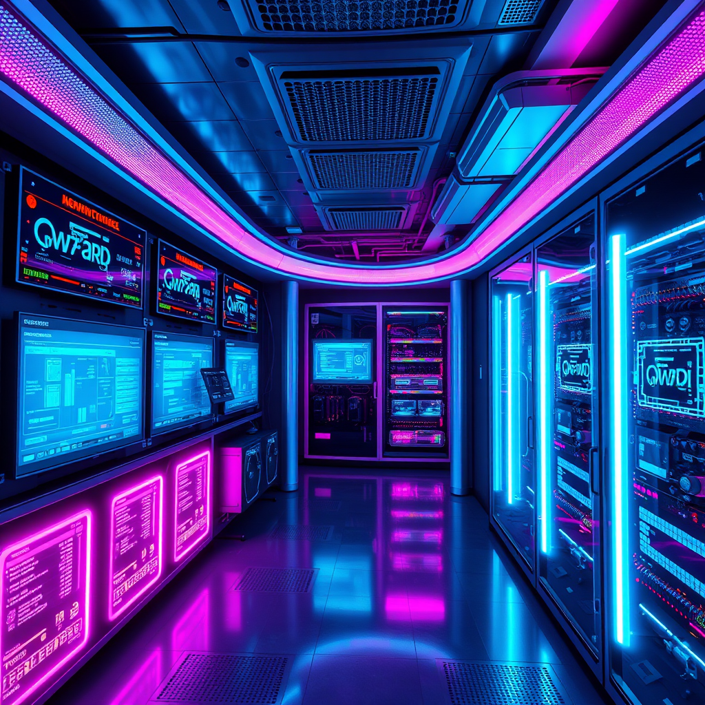 Futuristic server room with glowing neon lights and digital displays showing system monitoring data, technical maintenance equipment with bright cyan and magenta lighting effects