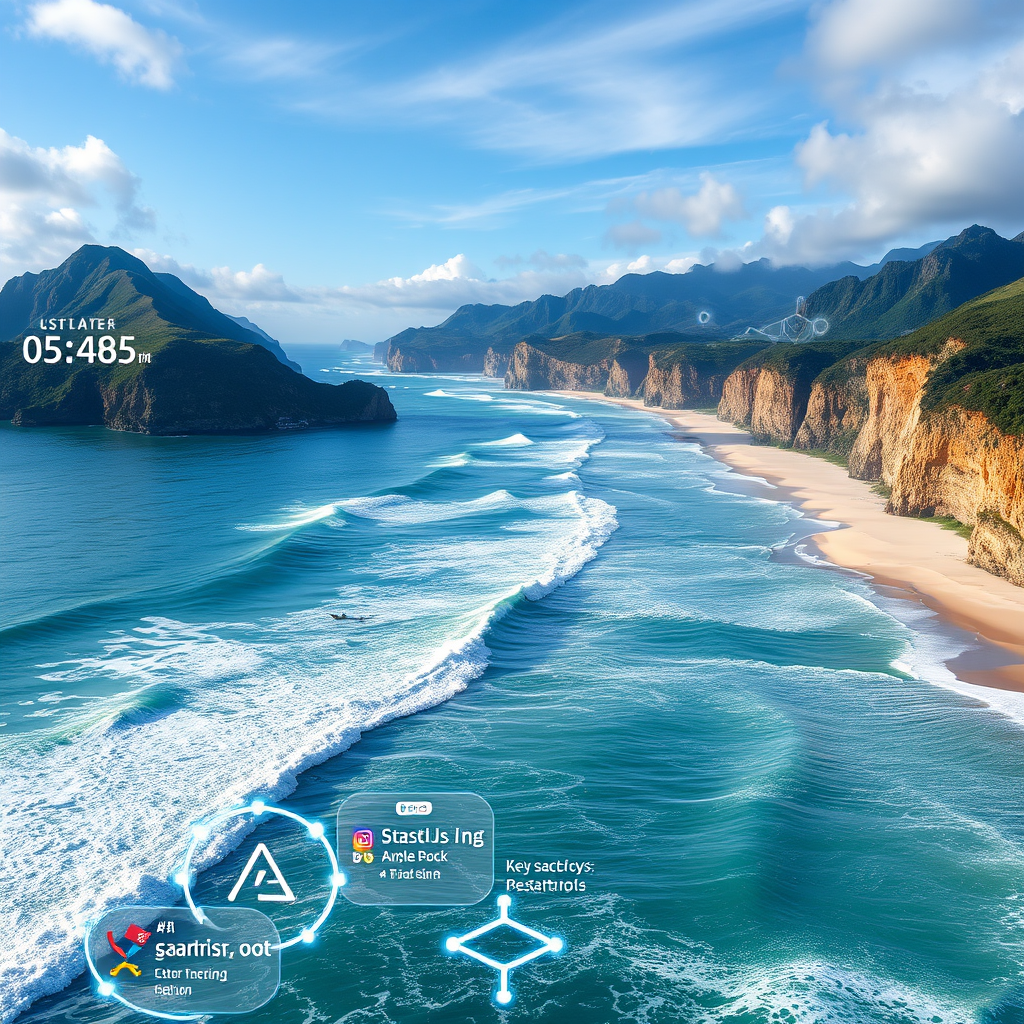 Beautiful New Zealand coastline with digital gaming elements overlaid, ocean waves with neon glowing effects, coastal cliffs and beaches integrated with futuristic gaming interfaces and social entertainment themes