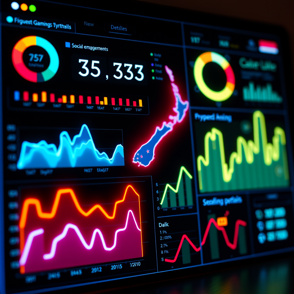 Glowing statistics dashboard showing rising engagement metrics for New Zealand social gaming platforms with neon charts and graphs displaying user participation data