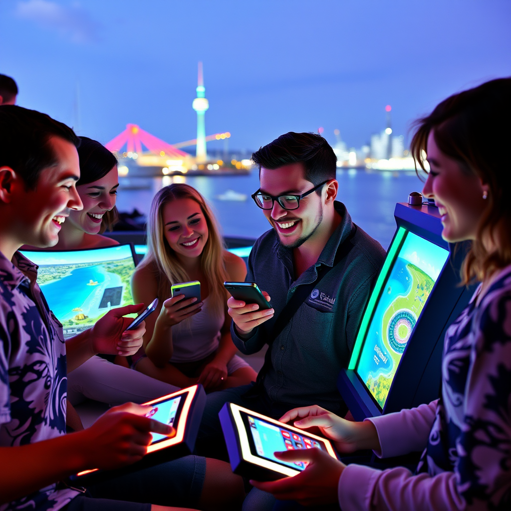 Group of enthusiastic New Zealand players enjoying coastal-themed social casino games on glowing neon devices, with Auckland's harbor visible in the background