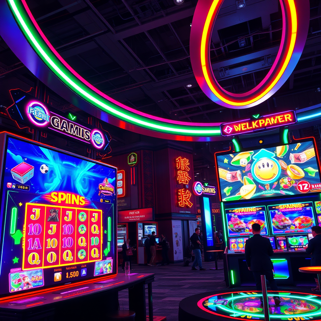 Vibrant neon-colored gaming interface with glowing reels and multiplayer elements displayed on large screens at tech demonstration