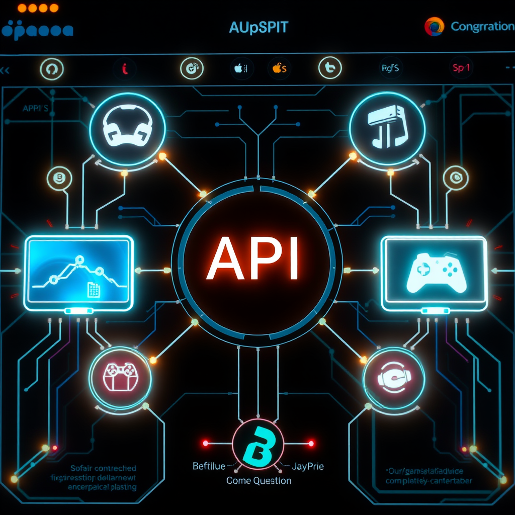 Technical integration dashboard showing API connections between multiple entertainment platforms with glowing data streams and system compatibility indicators for seamless cross-platform gaming