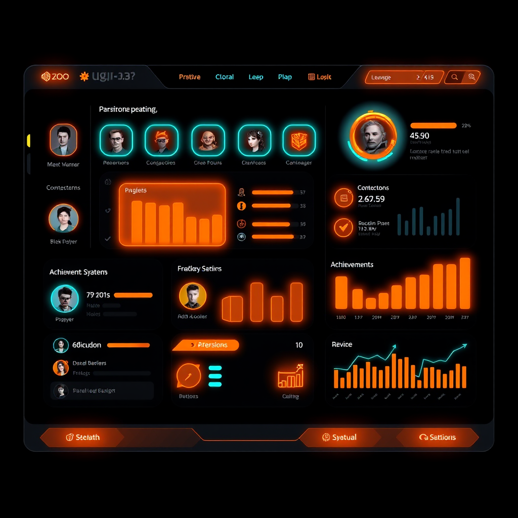 Futuristic user interface dashboard showing player profiles, social connections, and achievement systems with bright orange and cyan neon elements against a dark background