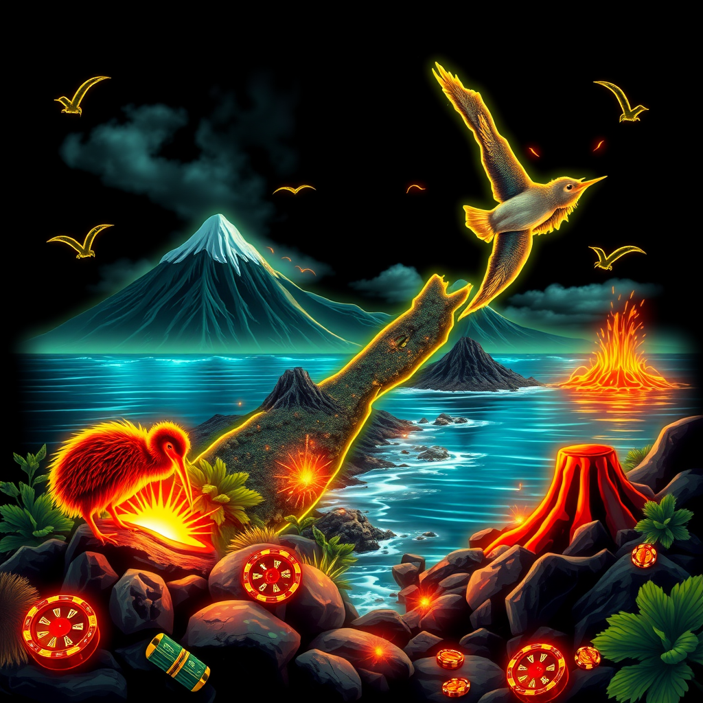 New Zealand coastal landscape integrated into casino game design with kiwi birds, volcanic elements, and glowing neon effects against black background
