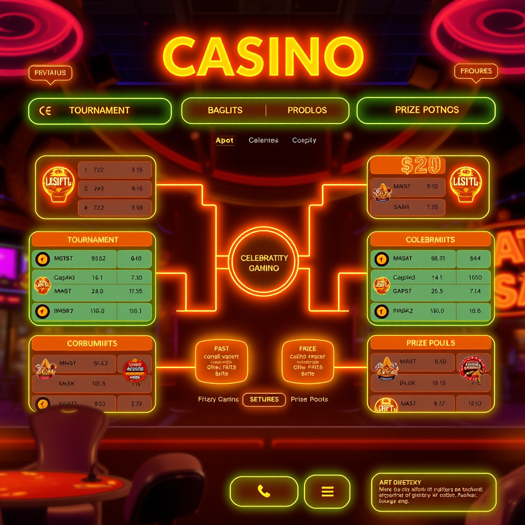 Exciting neon-themed casino event coordination interface showing tournament brackets, prize pools, and community celebration features with glowing orange and yellow accents for social gaming platforms