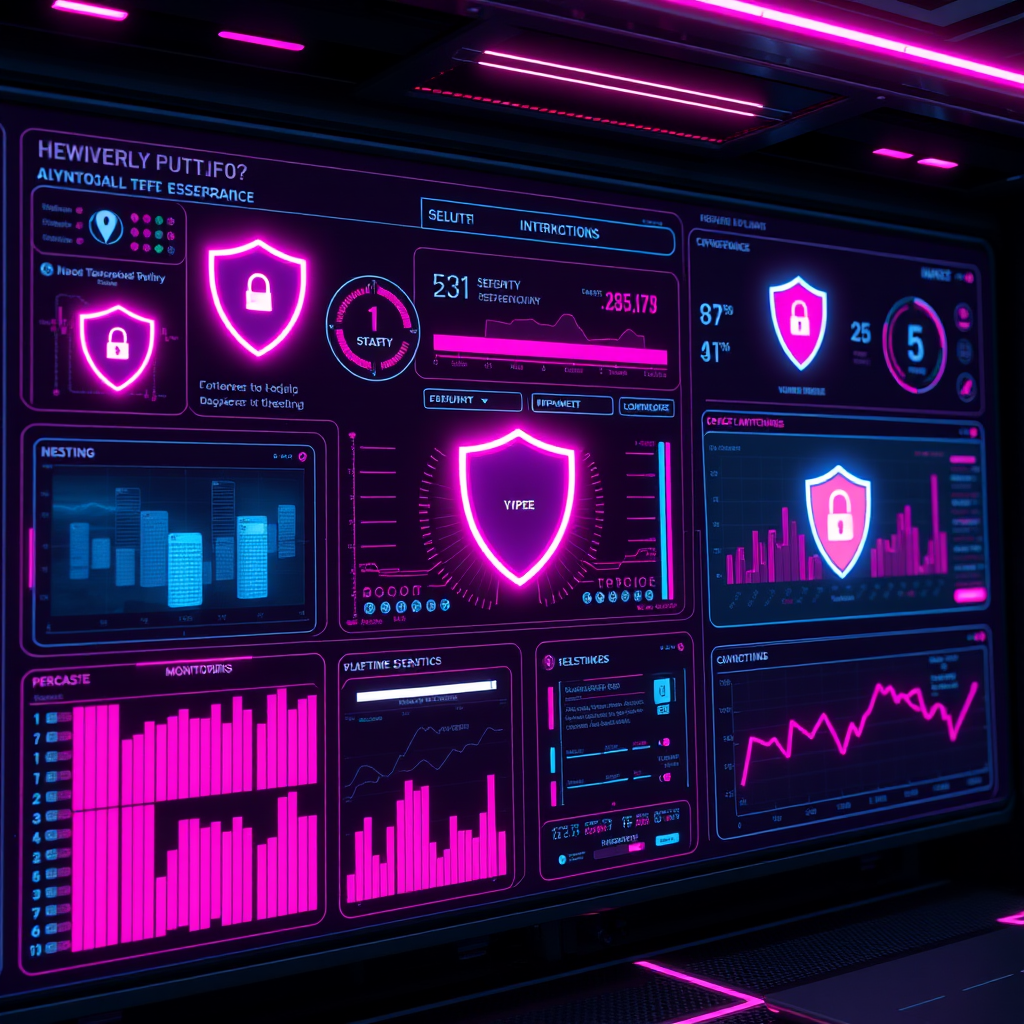 Advanced cybersecurity dashboard with glowing magenta interface elements, security shields, and real-time monitoring displays in a dark futuristic setting