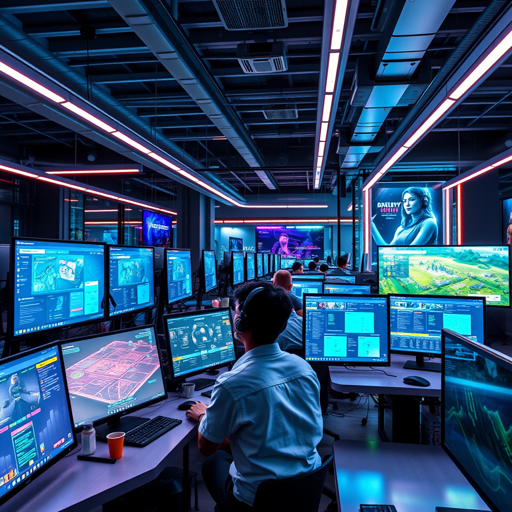 Modern Auckland tech hub with developers working on glowing computer screens showing innovative gaming interfaces, futuristic office environment with neon lighting and cutting-edge technology displays