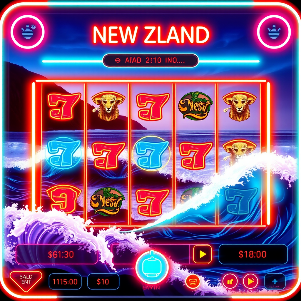 Bright neon gaming interface featuring New Zealand coastal imagery with glowing reels, ocean waves, and interactive elements designed for social casino entertainment