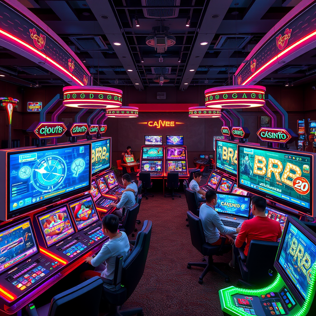 Multiple gaming stations connected showing synchronized multiplayer social casino games with glowing neon interfaces and real-time player interactions