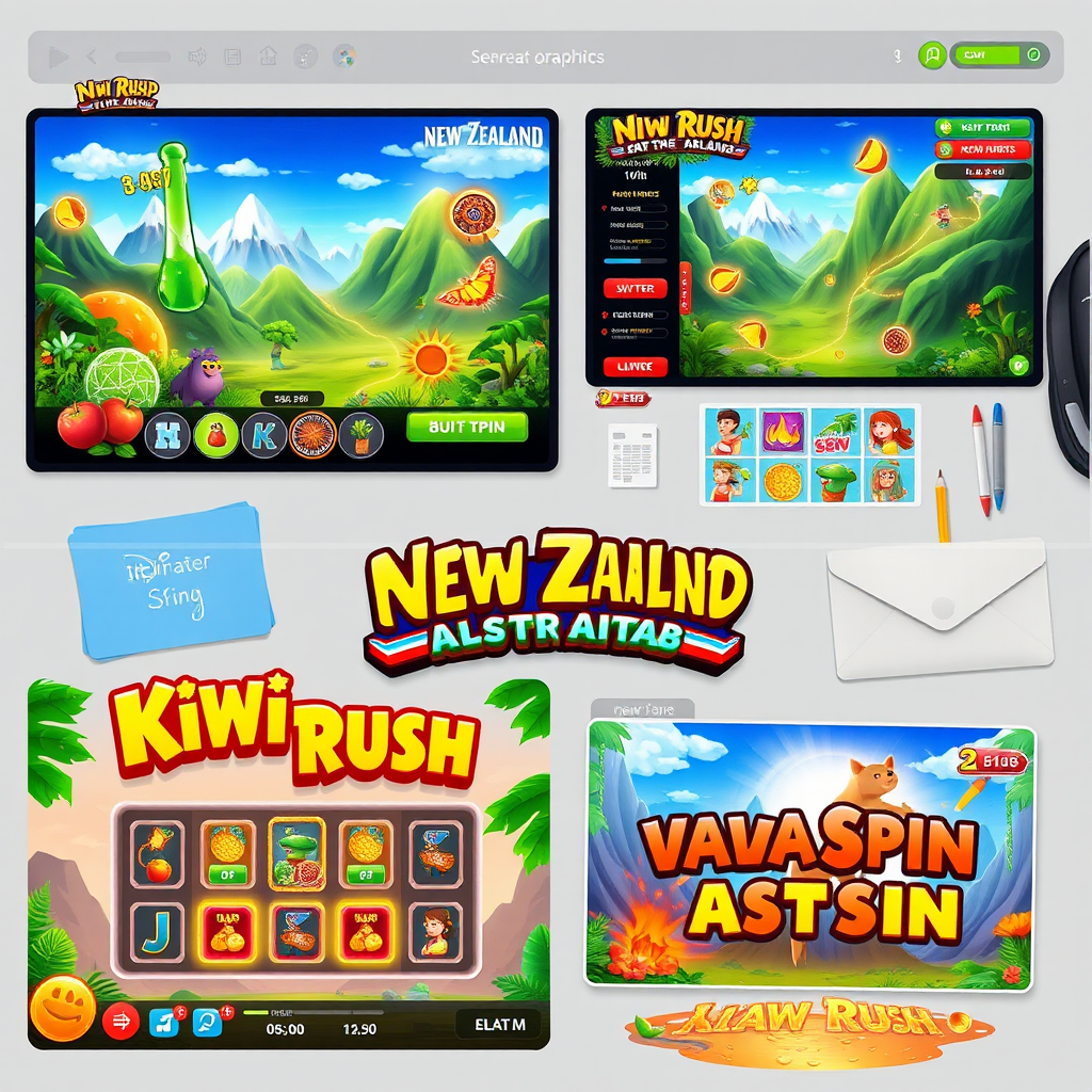Creative design workspace showing vibrant New Zealand-themed graphics with glowing animations, colorful user interface elements, and artistic renderings of Kiwi Rush and Lava Spin game visuals