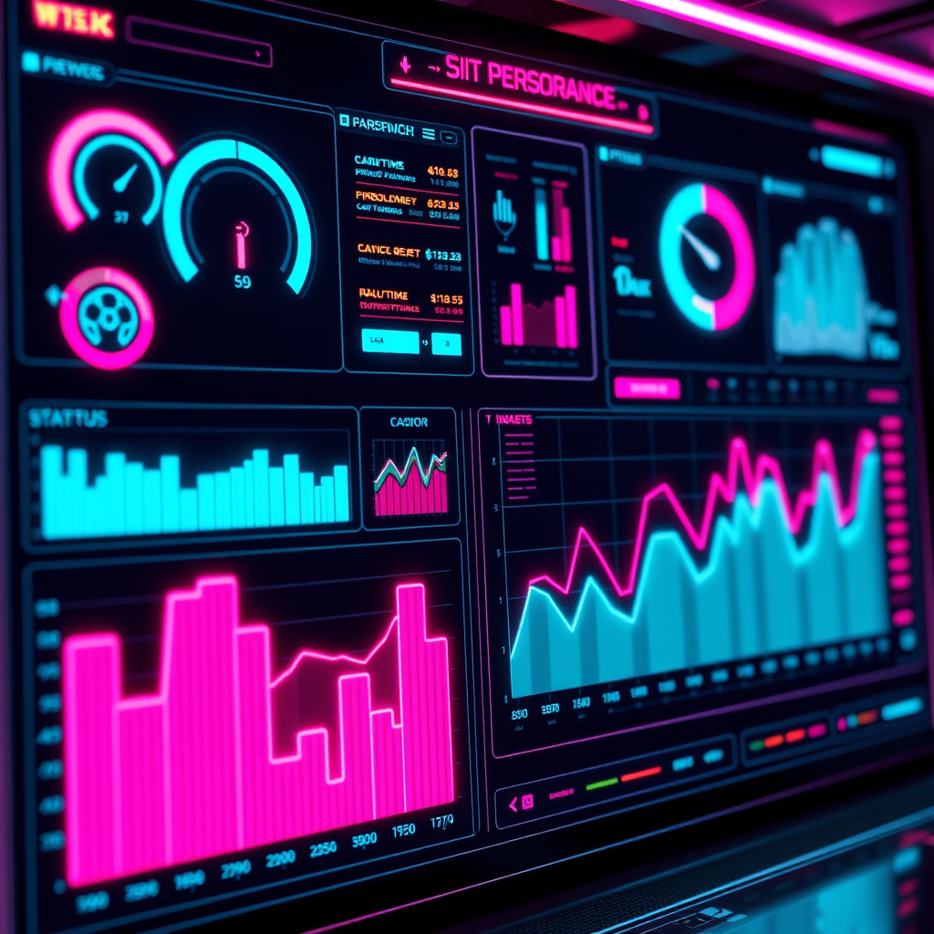 High-tech performance dashboard with glowing metrics, server status indicators, and real-time monitoring graphs in bright pink and cyan neon colors showing optimal casino platform performance