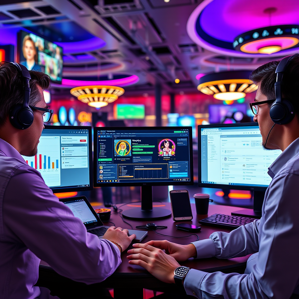 Professional community management team working on social casino engagement strategies with multiple monitors showing player analytics, chat moderation tools, and event planning interfaces in a neon-lit gaming environment