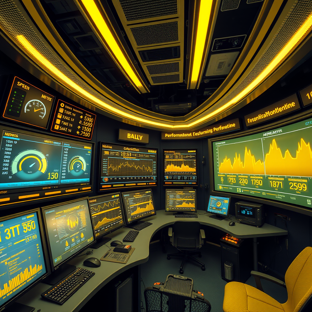 High-tech performance monitoring center with bright yellow neon displays showing speed metrics, optimization graphs, and system performance data