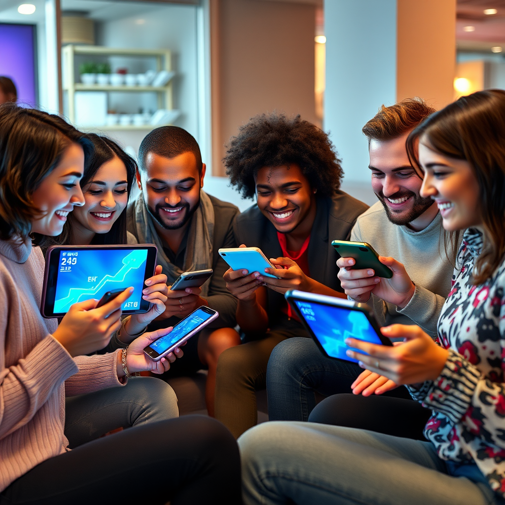 Group of diverse New Zealand friends enjoying social gaming together on tablets and phones with bright neon gaming interfaces, showing connection and community in a modern Auckland setting