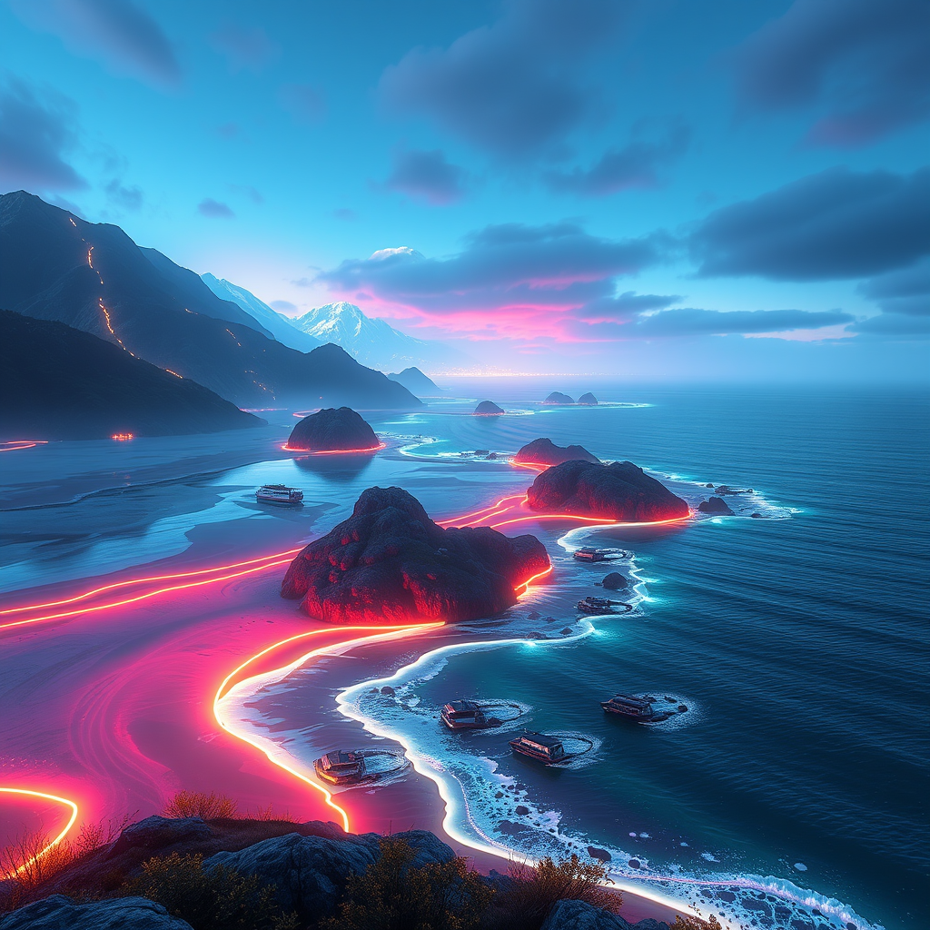 Futuristic neon-lit coastal landscape of New Zealand with glowing digital overlays, showing how technology enhances natural beauty in modern gaming platforms