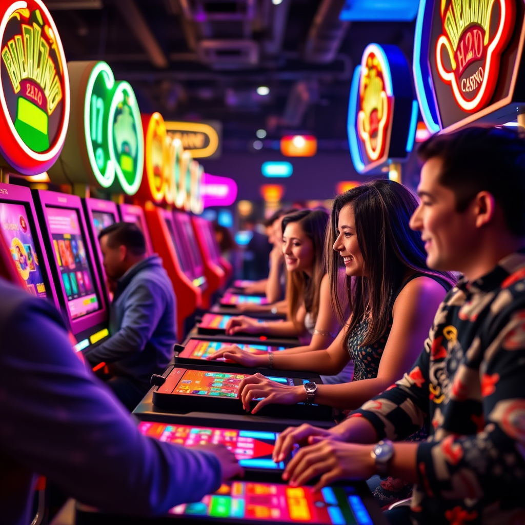 Group of diverse players enjoying social casino games together on glowing screens with vibrant neon colors and community chat features visible