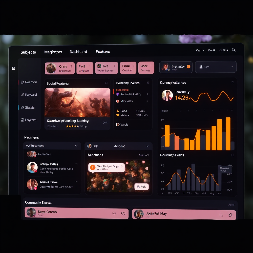 Active online community dashboard showing player interactions, social features, and engagement metrics for multiplayer entertainment platform with glowing chat interfaces and community events
