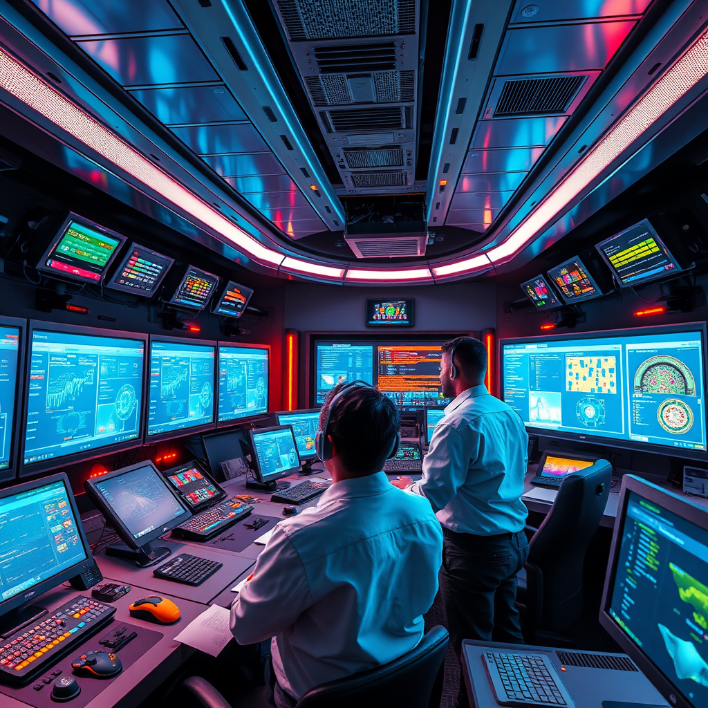 Professional technical team working in a futuristic control room with multiple glowing screens, neon lighting, and advanced monitoring equipment for casino platform maintenance