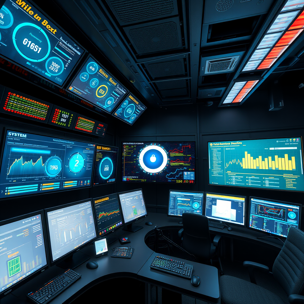 Technical maintenance control center with glowing monitoring screens showing system performance metrics, security status, and 24/7 support dashboard for entertainment platform optimization